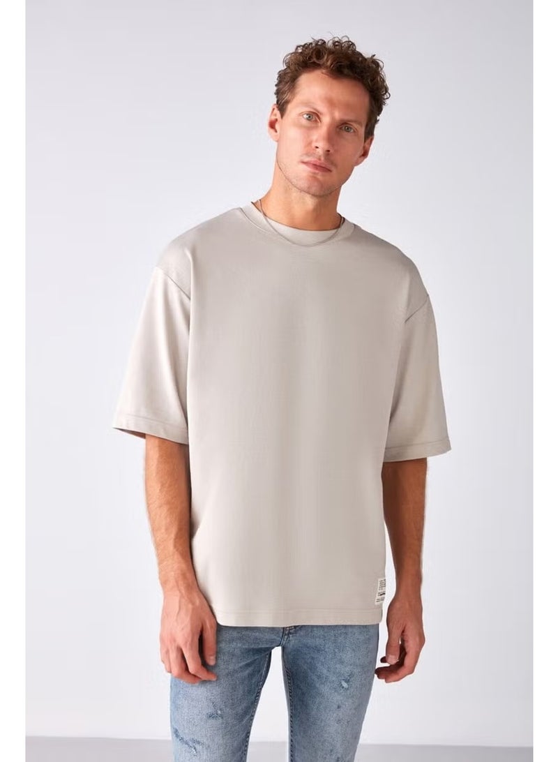 GRIMELANGE Joel Men's 100% Organic Cotton Thick Fabric Special Texture Label Detail Oversize Stone Color T-shirt - Image 3
